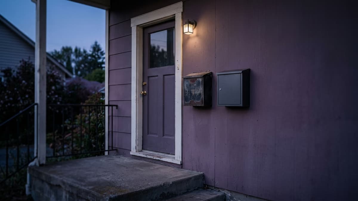 Two mailboxes mounted side by side next to a single front door at dusk, one weathered and one newly installed