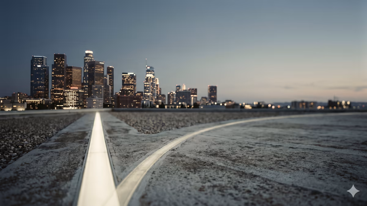 Two paths splitting at a city skyline crossroads symbolizing startup formation choices