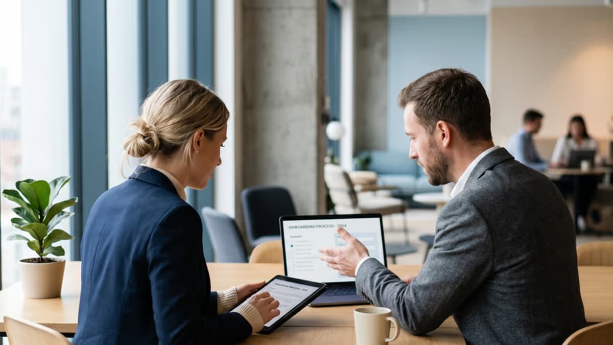 Two business professionals reviewing onboarding documents in a modern coworking office with natural window light captured from the side in editorial style