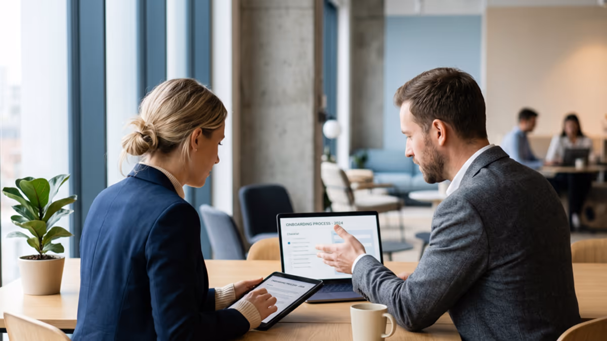Two business professionals reviewing onboarding documents in a modern coworking office with natural window light captured from the side in editorial style