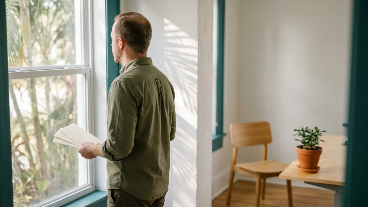 A small business owner seen from behind at the window of a small Florida office, holding a few envelopes, with palm shadows falling across the room