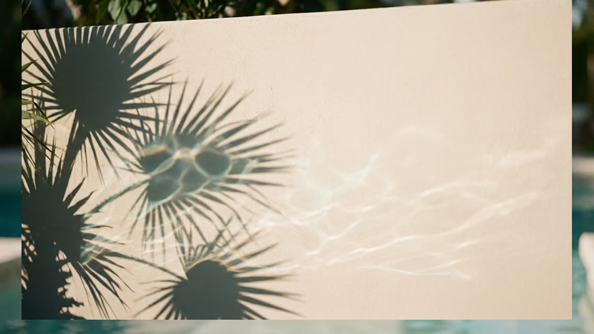Palm frond shadows and rippling water reflections on a pale stucco wall in soft Florida morning light