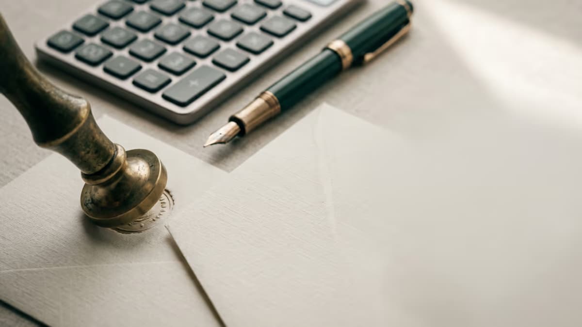 A brass embossing seal, a slim calculator, and a fountain pen arranged on a neutral surface under soft window light, suggesting an EFIN application setup for a tax preparer LLC