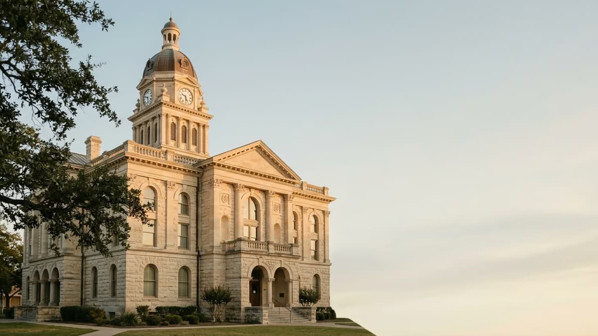A historic Texas county courthouse with a limestone clock tower glowing in late afternoon light against a soft, muted sky