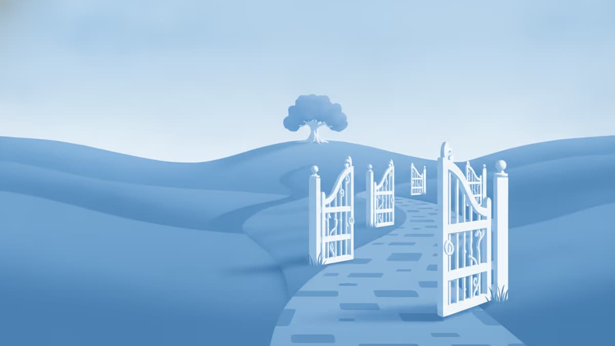 A soft blue paper-craft landscape of rolling hills with a lone tree on a distant hill, and a row of open white garden gates along the stone path leading toward it — the yearly filing you pass through after forming a Texas LLC.