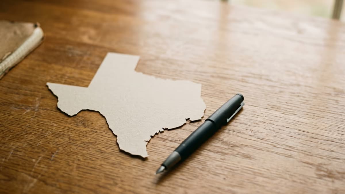 Texas franchise tax margin worksheet and Public Information Report on a desk with a Texas state outline
