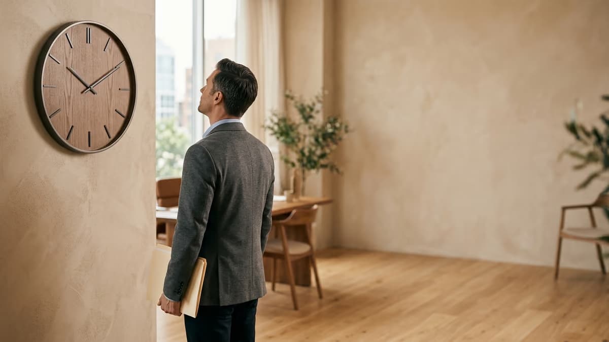 Person checking a wall clock in an office while holding a folder of filing paperwork