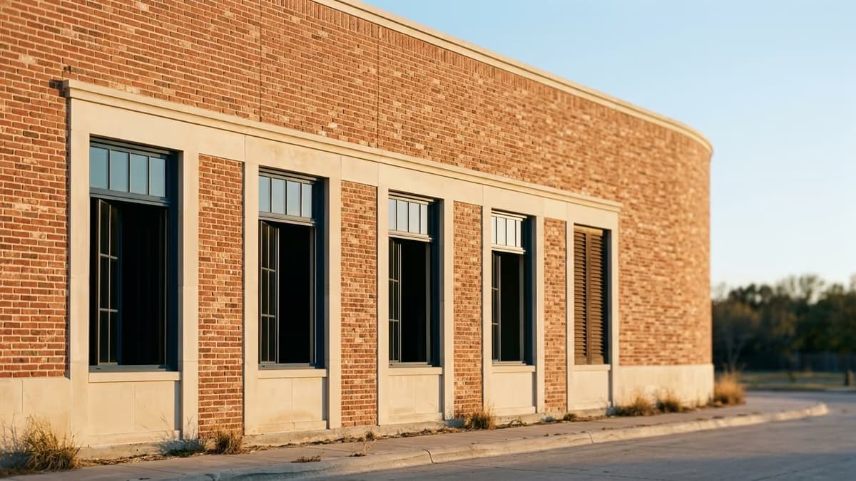 A row of five identical windows on a brick building facade with a single closed shutter on one of them