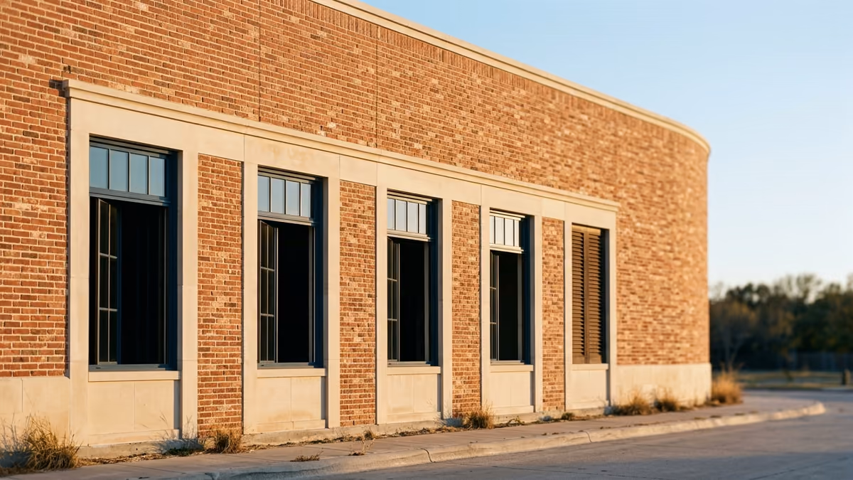 A row of five identical windows on a brick building facade with a single closed shutter on one of them