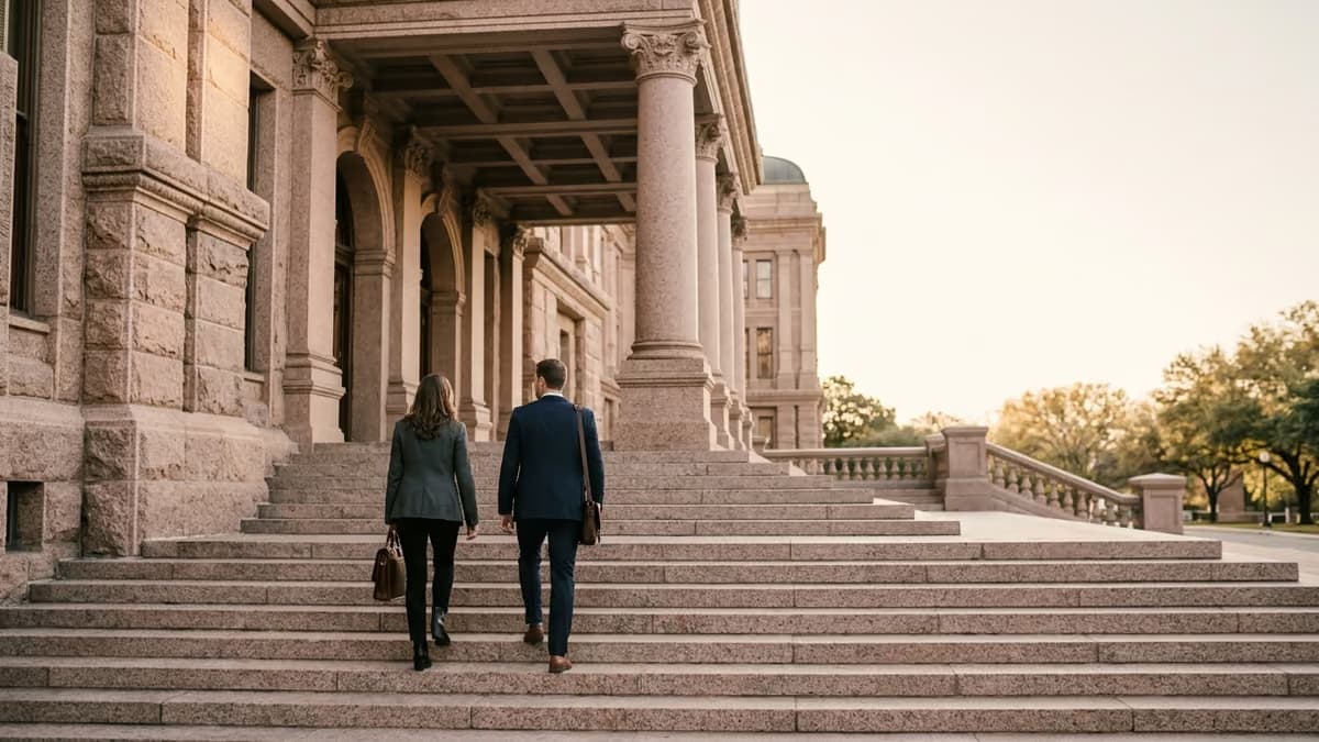 Two business professionals climbing the wide granite steps of a state capitol building in warm early morning light, viewed from behind