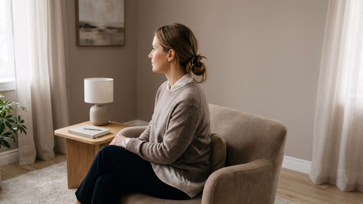 A counselor seated in profile by a softly lit window in a calm private practice therapy room