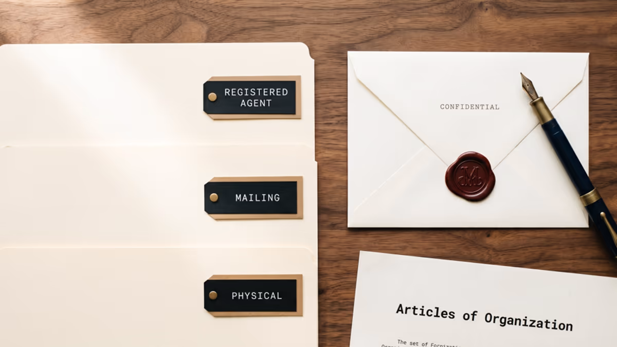 Three labeled folders on a wooden desk reading Registered Agent, Mailing, and Physical, beside an envelope and an LLC formation document