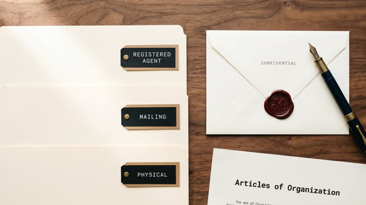 Three labeled folders on a wooden desk reading Registered Agent, Mailing, and Physical, beside an envelope and an LLC formation document