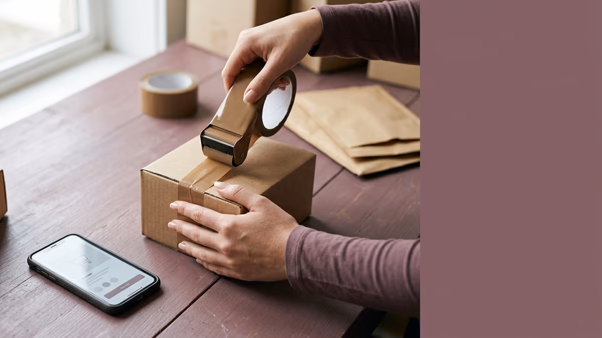 A small parcel with a shipping label beside a phone showing a shopping app, representing a TikTok Shop seller preparing an order