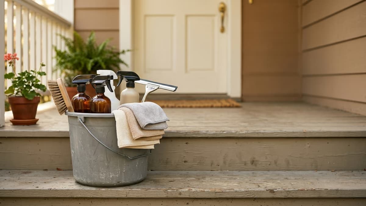 A worn metal bucket holding amber spray bottles, a scrub brush, a squeegee and folded cloths on the wooden front steps of a house in warm morning light