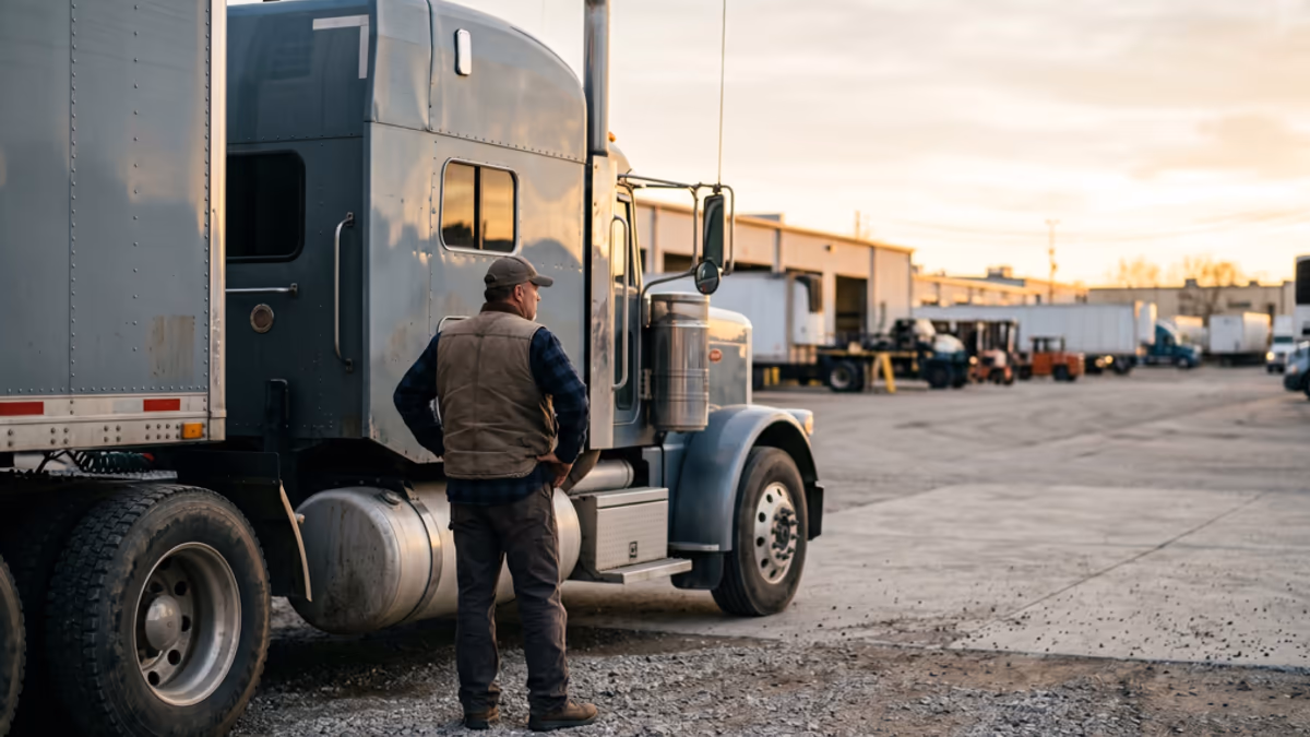 Long-haul semi truck parked at a depot with a driver reviewing paperwork on a clipboard