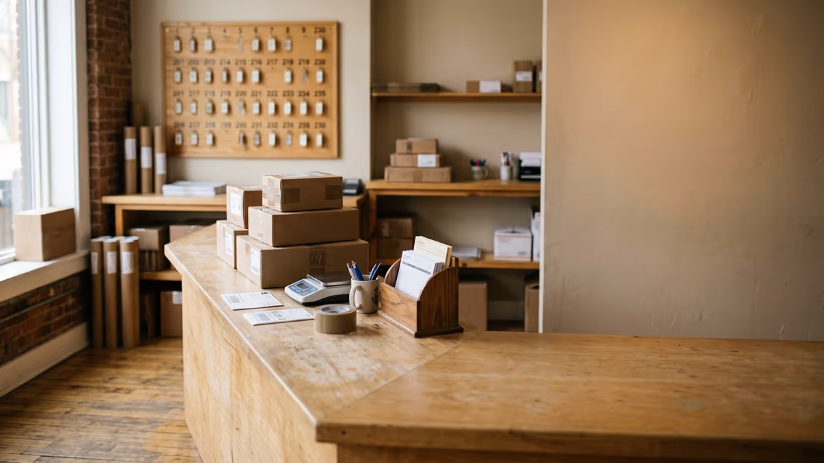 Interior of a small retail mail and shipping center counter with parcels, representing a commercial mailbox address option for a business