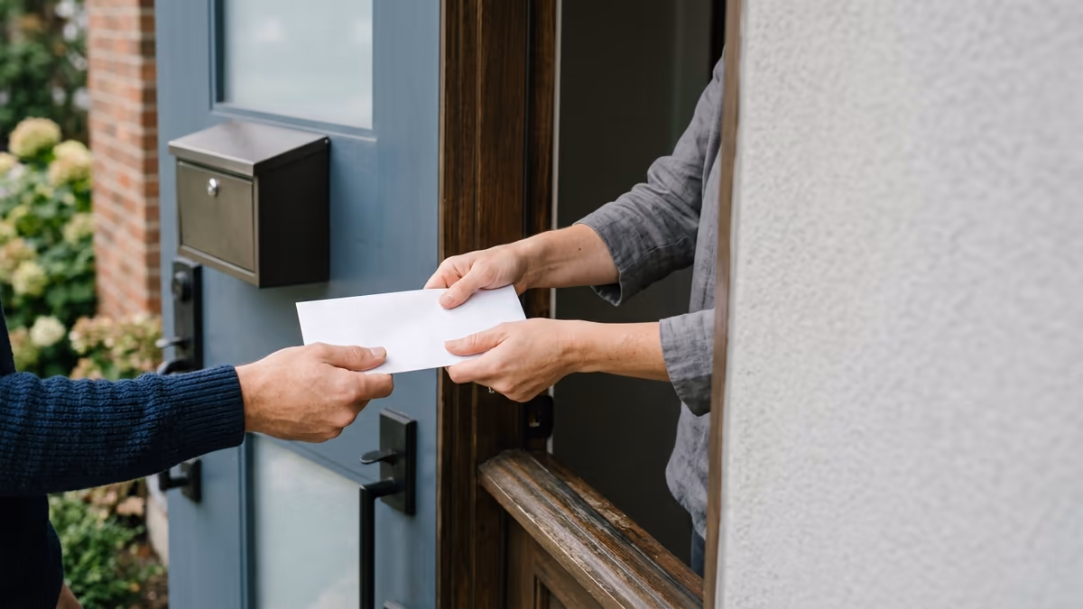 A person handing an envelope at a home front door beside a residential mailbox, representing using another address for an LLC