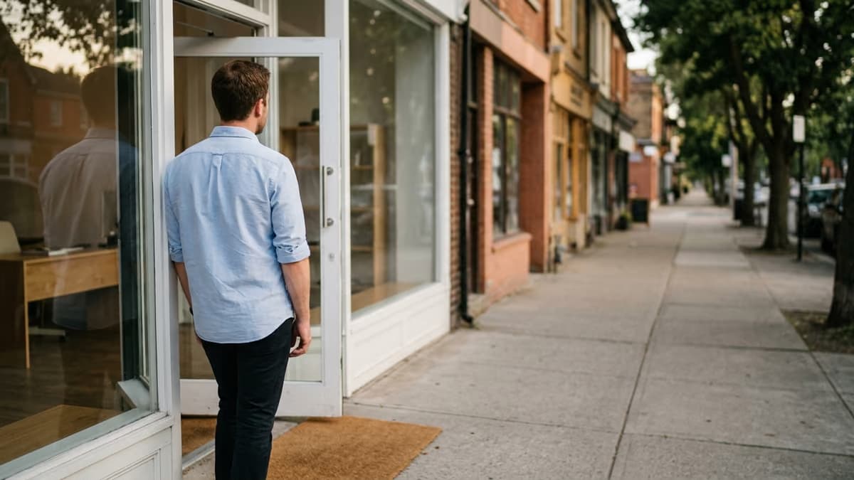A small business owner seen from behind standing in an open storefront doorway in late afternoon light, looking down an empty sidewalk for a delivery