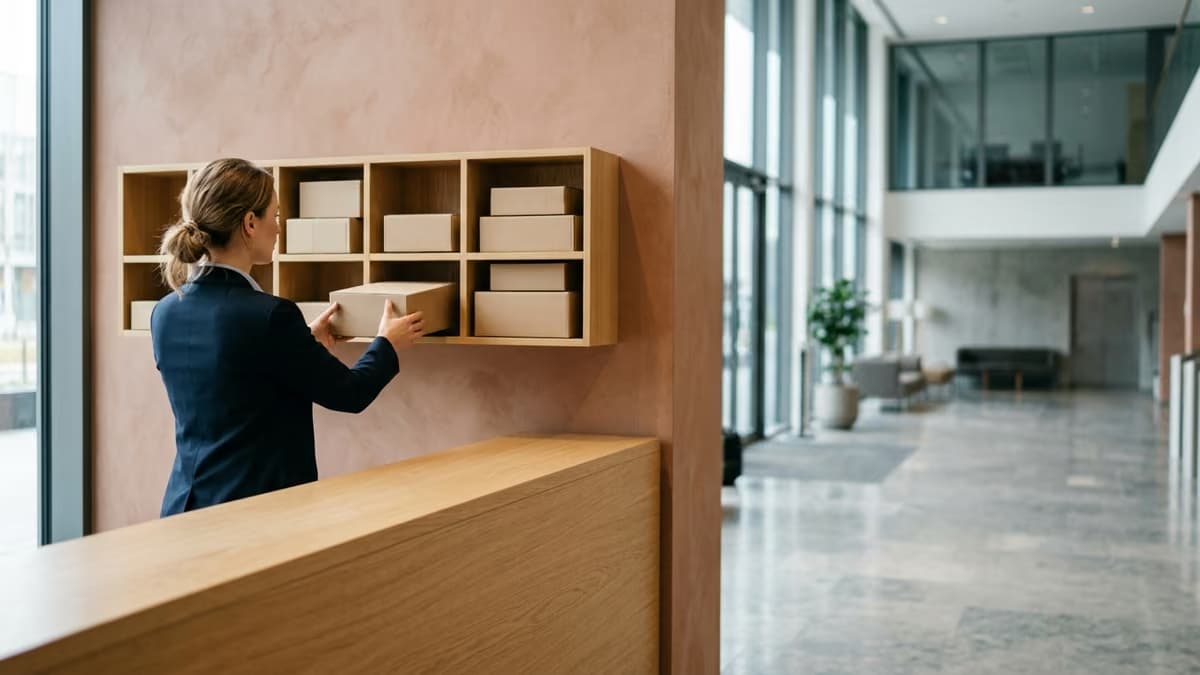 A receptionist seen from the side placing a plain cardboard parcel onto mail room shelves behind the front desk of a modern office lobby