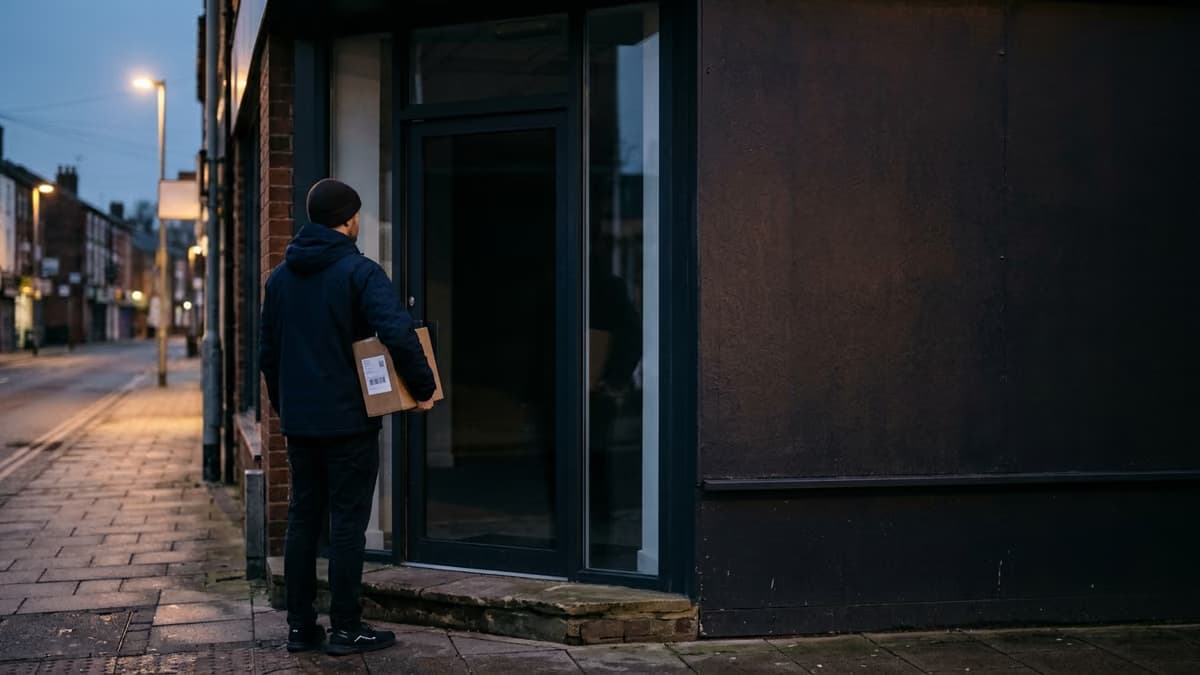 Courier seen from behind holding a parcel at a closed glass storefront door at dusk