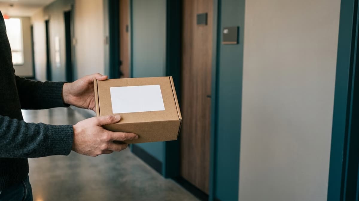Hands holding a small cardboard parcel with a blank shipping label in a quiet apartment building hallway, a row of unit doors softly blurred behind