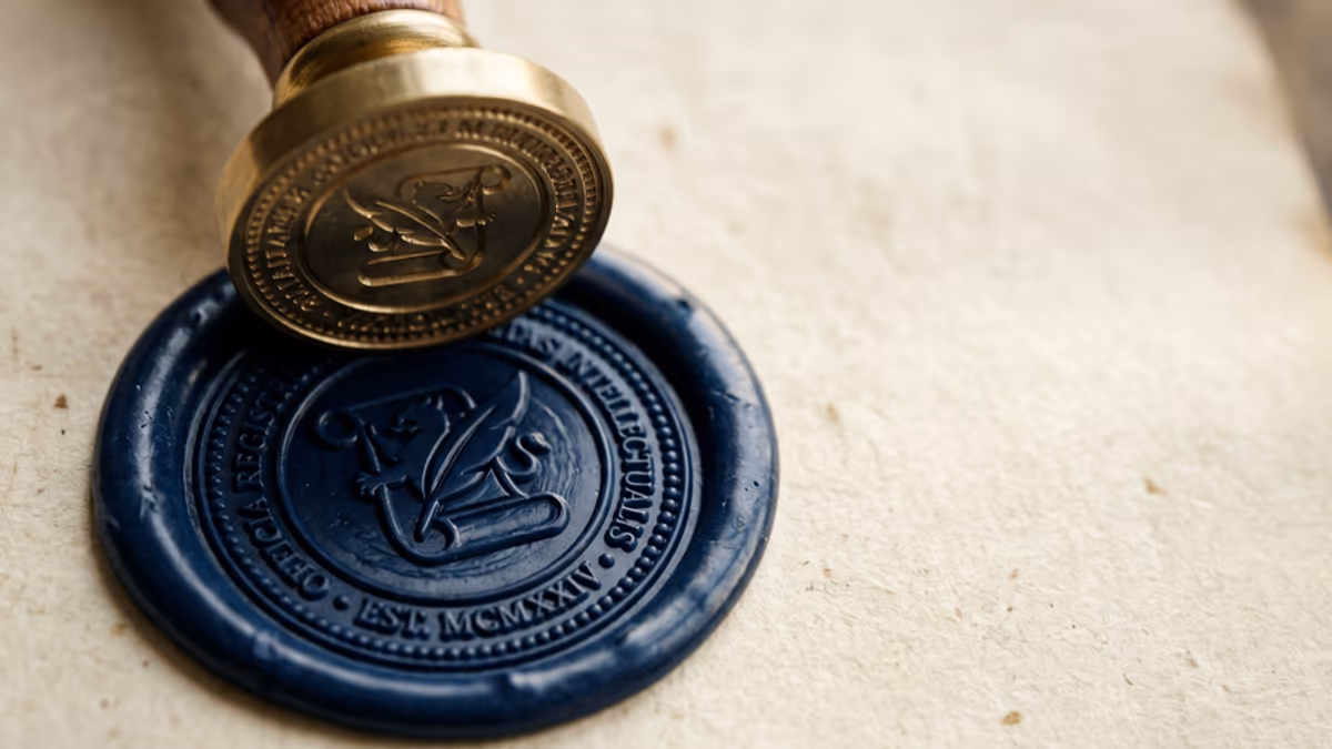 Macro close-up of a brass embossing seal pressed into deep blue wax representing trademark registration and official intellectual property protection