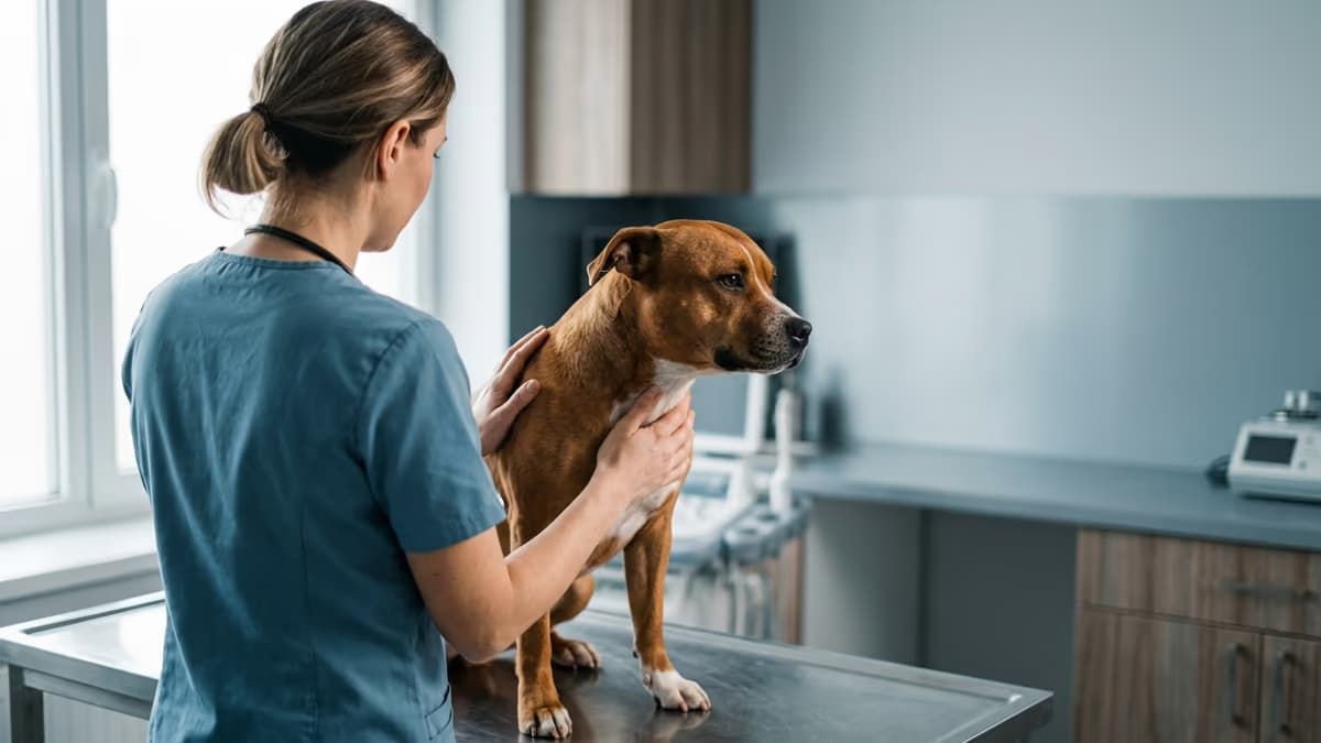 A veterinarian in scrubs examining a calm dog in a modern, brightly lit clinic examination room