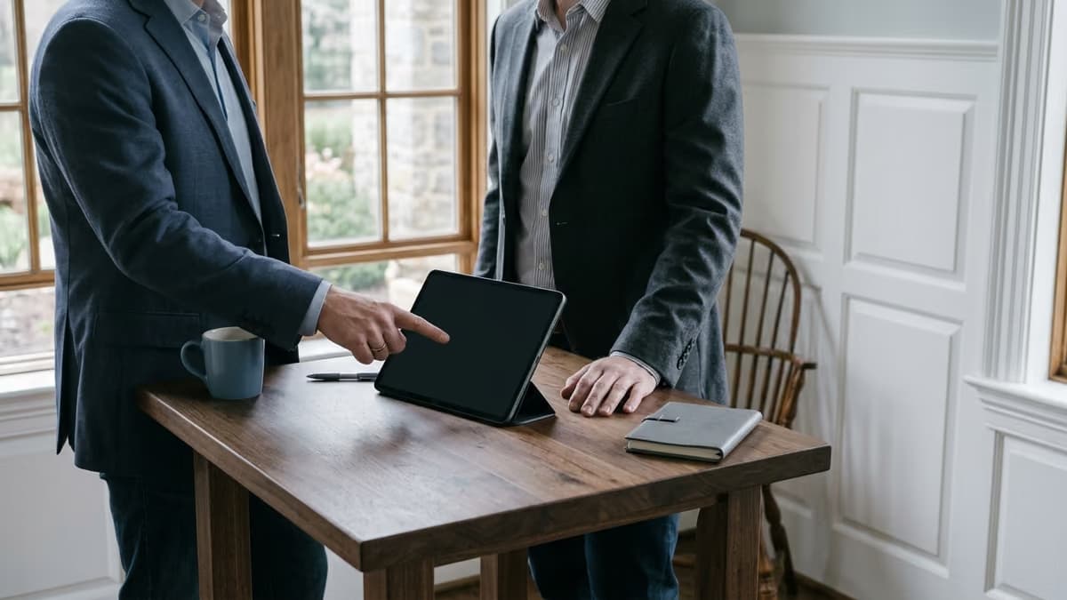 Two business professionals, shown from the shoulders down, reviewing a tablet in a white-paneled meeting room