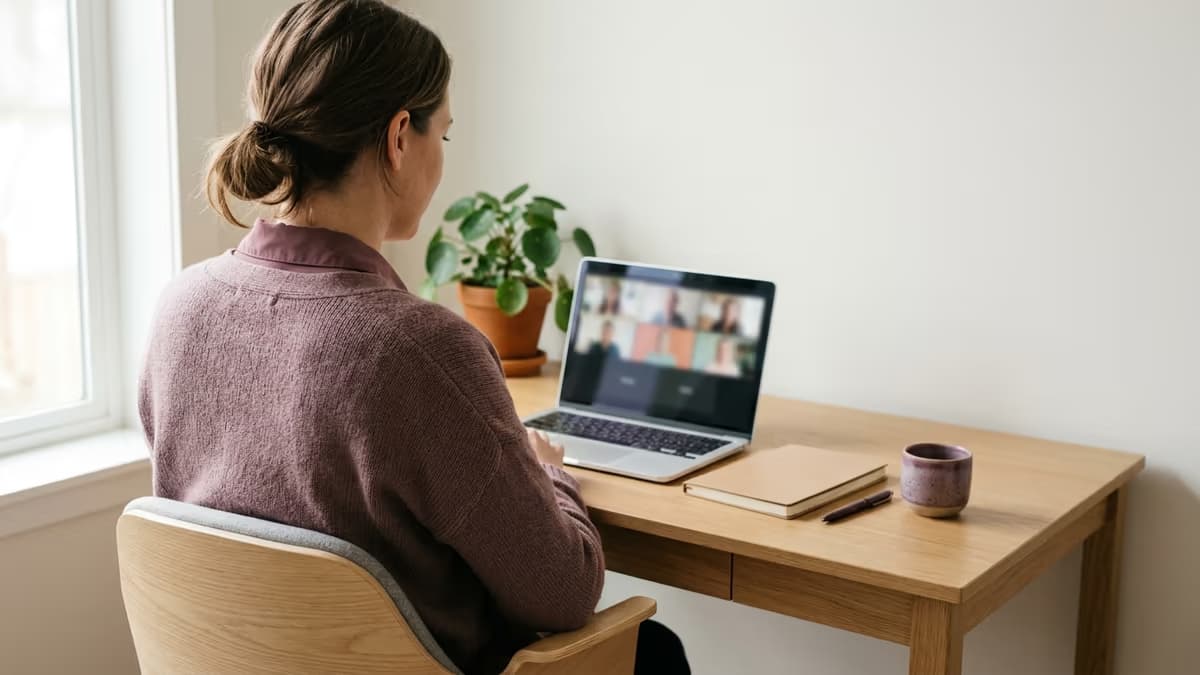 Business coach working at a minimalist home studio desk during an online coaching session