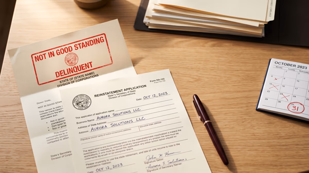 A Form W-9, a 1099-NEC envelope, a fountain pen, and a folded business license on a desk under warm light, suggesting a US freelancer's tax-form setup