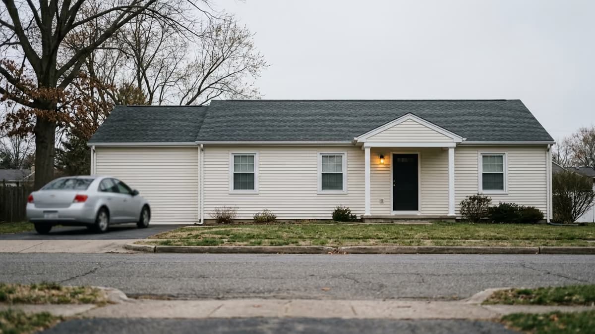 The front of a modest suburban home under soft overcast light, a warm porch lamp glowing above an empty stoop and a plain sedan parked in the driveway