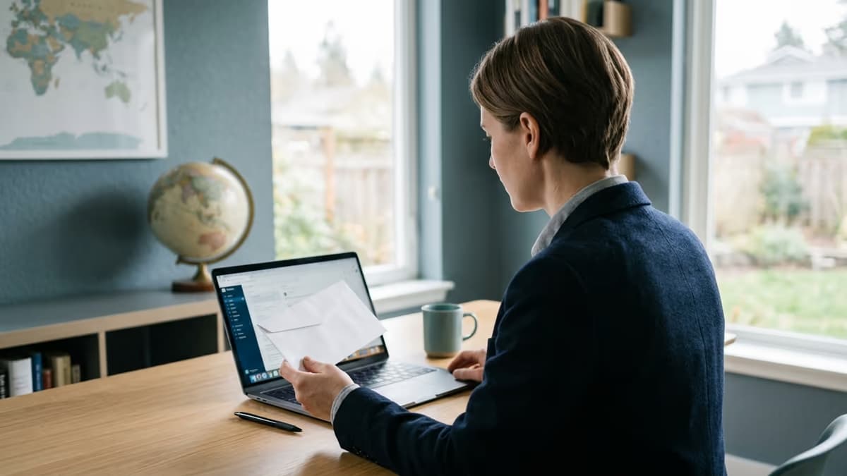 A professional reviewing United States mail and a laptop at a home office desk while living abroad