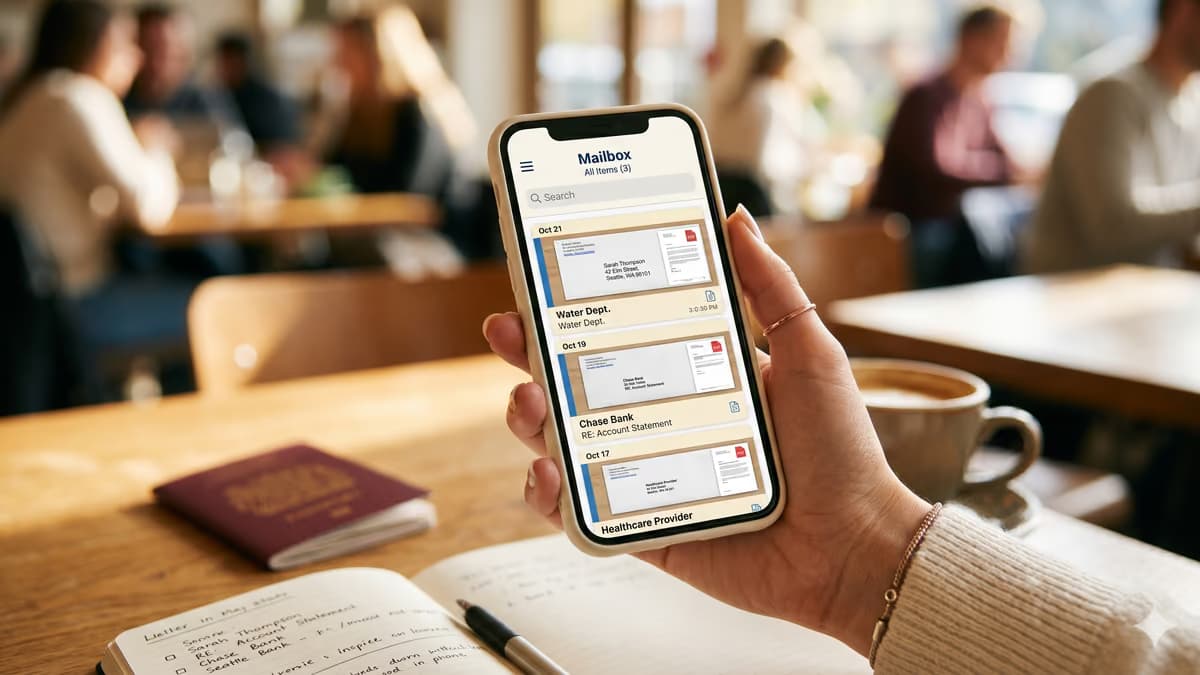 A hand holding a phone in a cafe showing a digital mailbox app with scanned envelopes from Bank, Amazon, and IRS, with a passport and notebook on the table