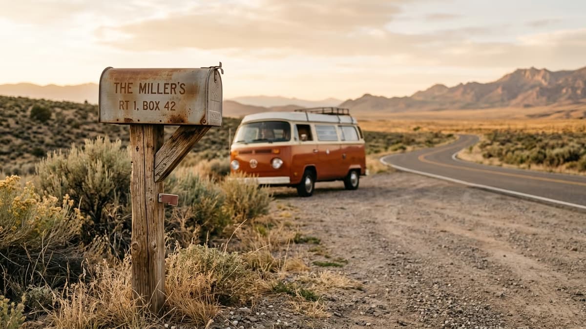 A roadside mailbox with a camper van on an open highway representing a mailing address for full-time travelers