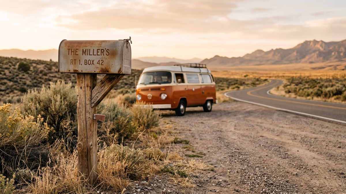A roadside mailbox with a camper van on an open highway representing a mailing address for full-time travelers