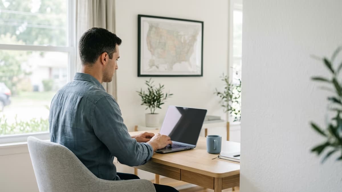 Business owner working remotely at a minimalist home office with a US map, managing an out-of-state company