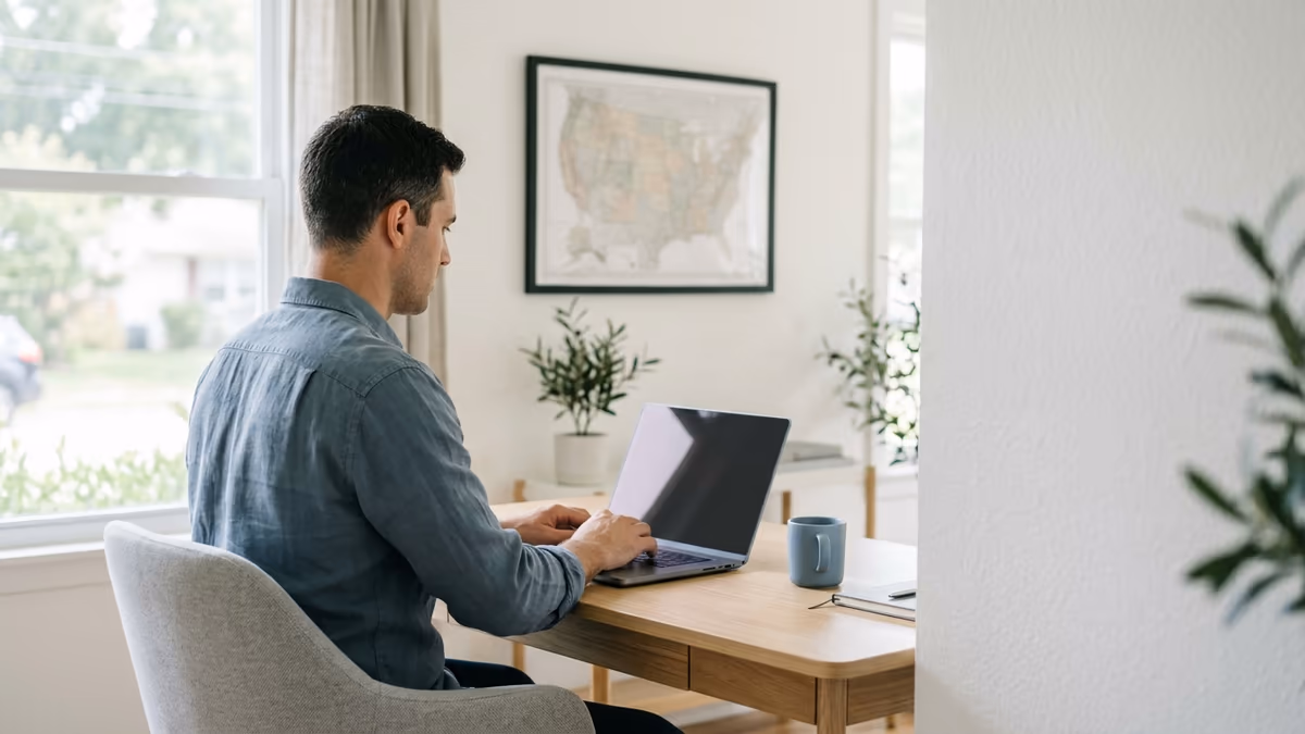 Business owner working remotely at a minimalist home office with a US map, managing an out-of-state company