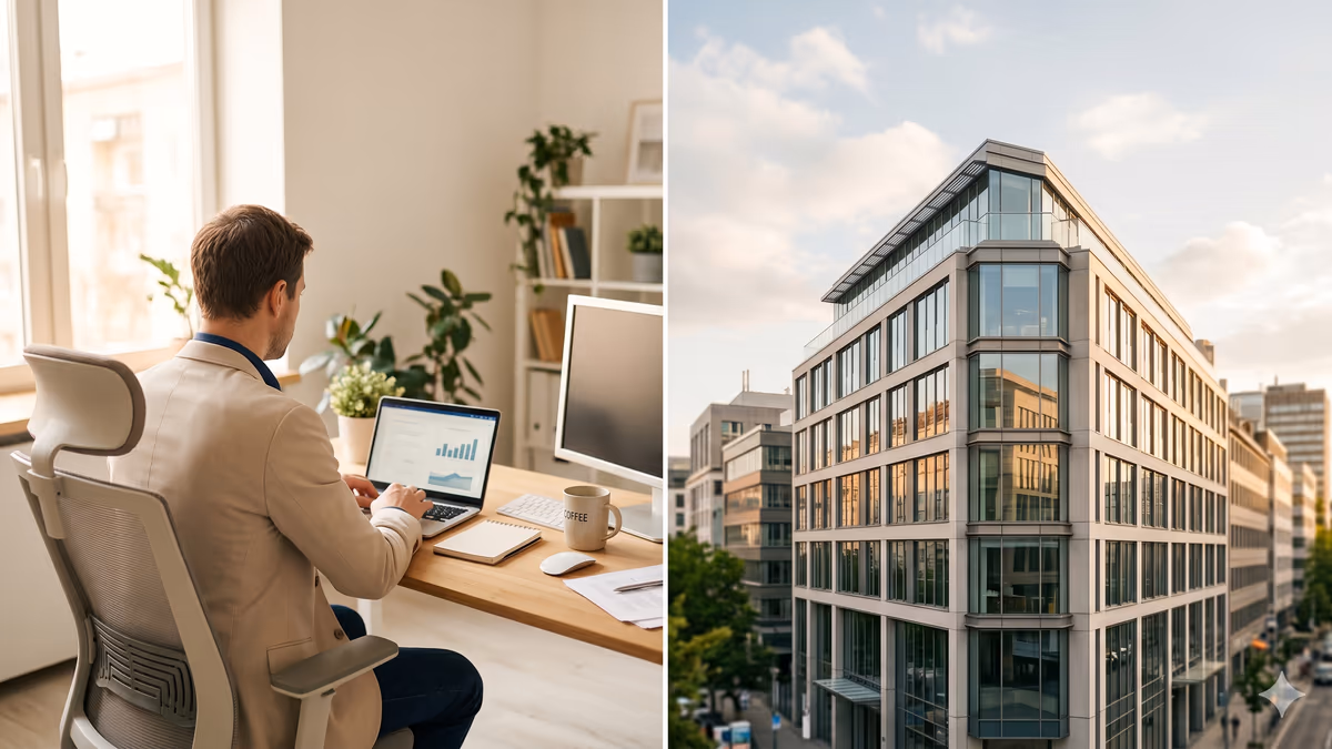 A split editorial composition with a person seen from behind at a bright home workspace on the left and a professional city office building on the right, warm natural light, negative space along the top for a title overlay