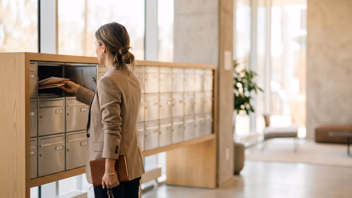 A business professional retrieving mail from a row of mailboxes in a modern office lobby, comparing PO box and virtual office mail handling