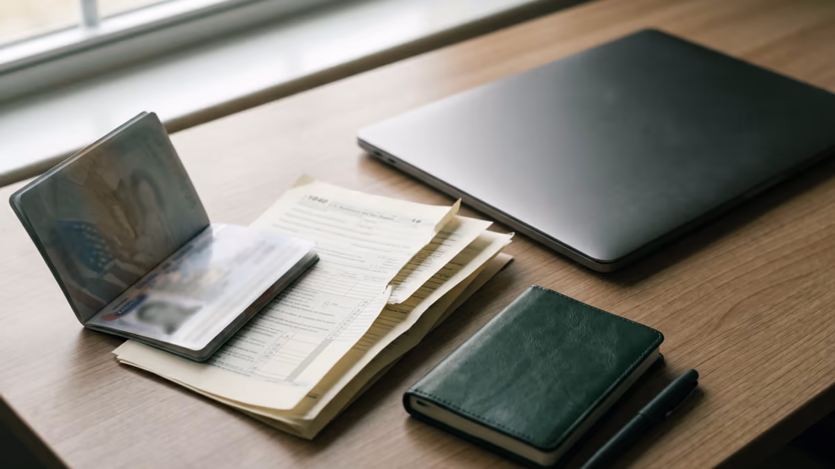 An open passport and IRS tax forms arranged on a desk near a laptop in a modern office, viewed at a slightly elevated angle, soft natural window light, muted deep green and cream color palette, editorial blog hero composition