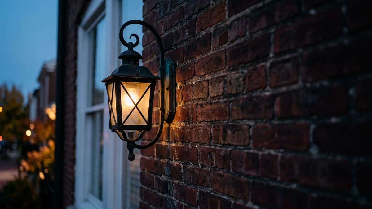 A black iron porch lantern glowing against the weathered red brick facade of a historic row house at dusk