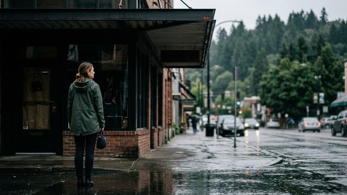 A woman in a rain jacket under an awning, looking at a darkened storefront on a wet city street