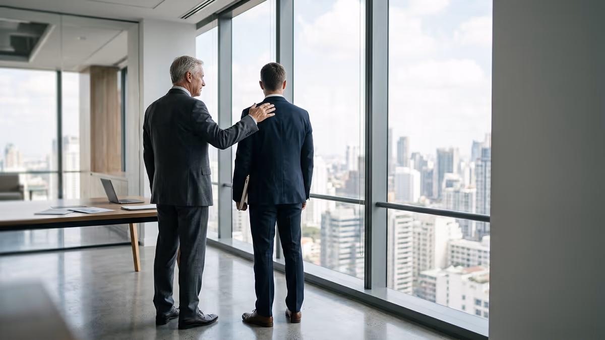 Two business professionals of different generations standing together by a large window in a modern office, the elder's hand resting on the younger colleague's shoulder, suggesting a business quietly passed on to a successor