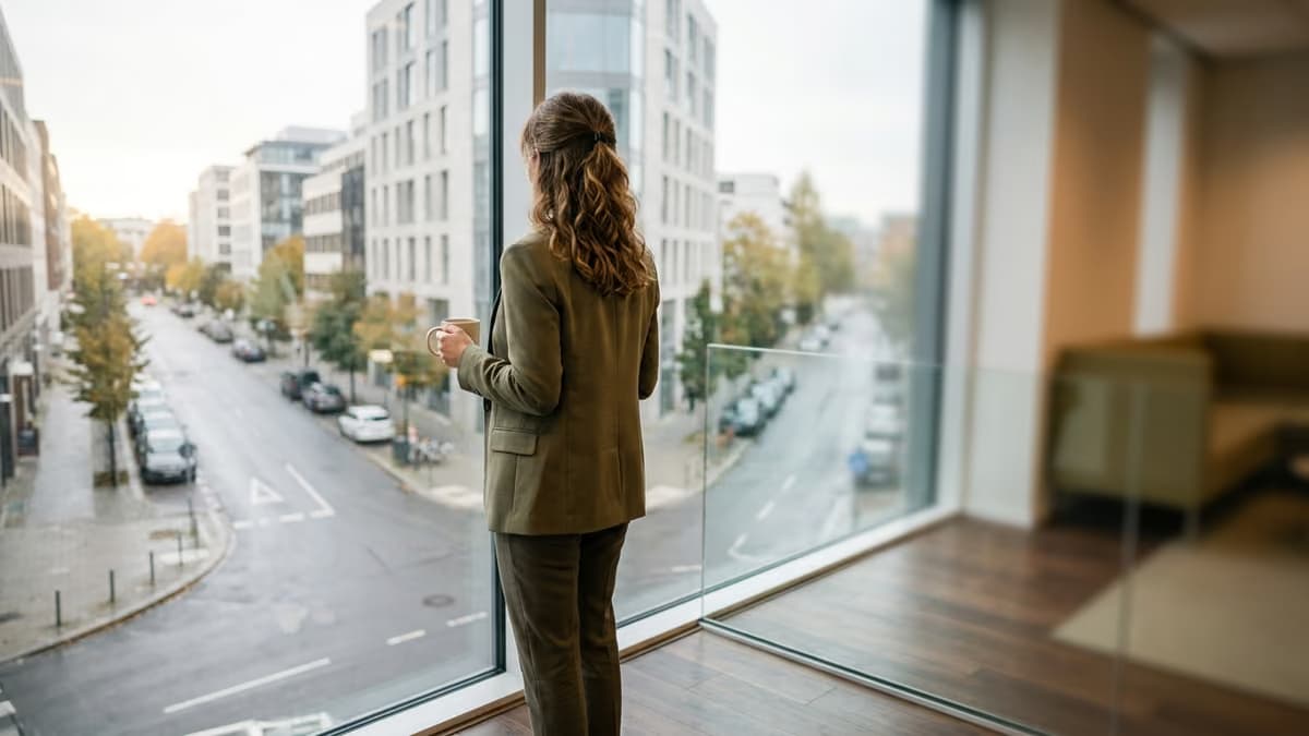 Business professional standing at an office window overlooking a quiet street that forks in two directions