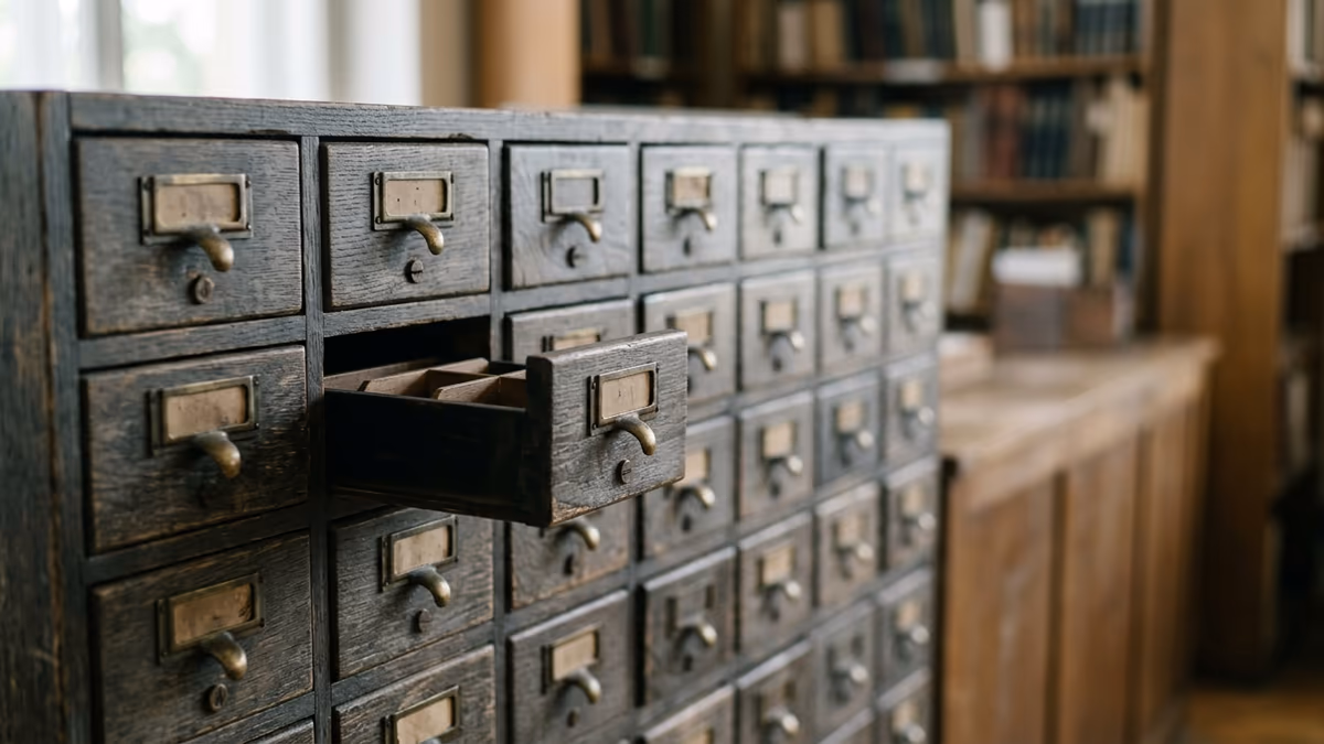 Close-up of an antique card-catalog index cabinet with a grid of small wooden drawers and aged brass pulls in soft window light, one drawer slightly open, symbolizing a reconciled reference list, editorial composition with negative space on the right