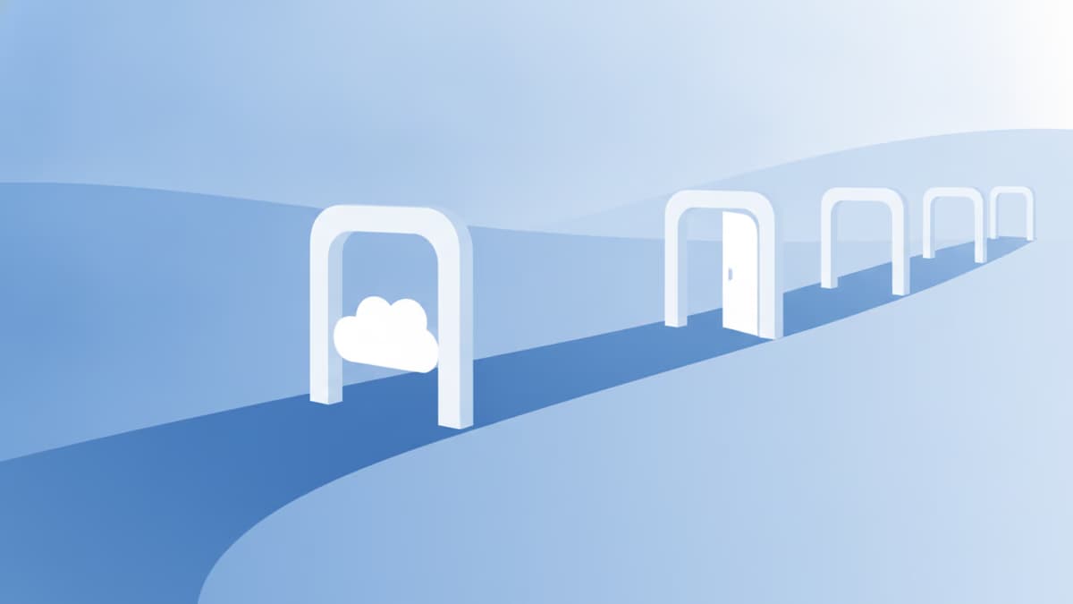 A path winding through a series of white gates on a soft blue landscape, with a cloud behind the first gate and a door behind the second, suggesting the unseen layers a formation filing passes through