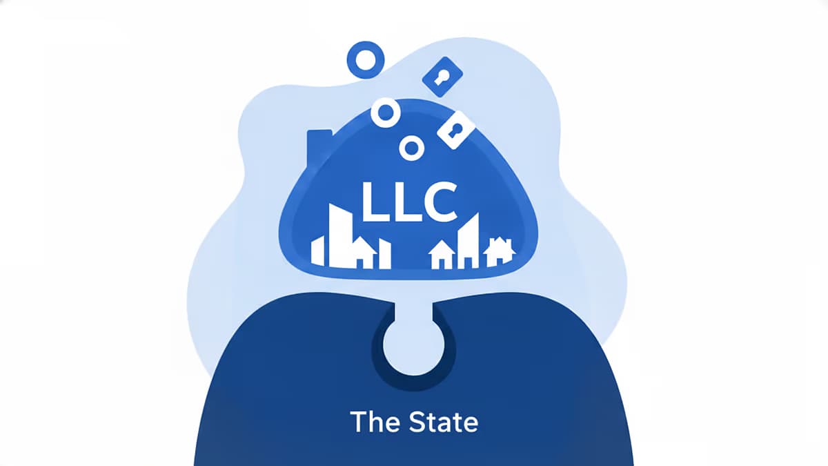 A flat illustration of a large navy shape labeled The State supporting a blue bubble labeled LLC filled with building icons, with small padlock icons floating above, representing that the state records an LLC's existence but not who privately owns it