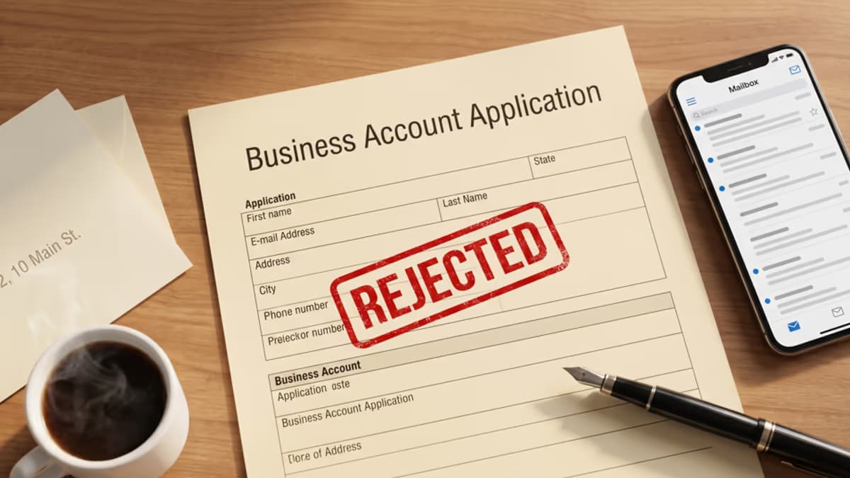 A red-stamped REJECTED notice on a business application form next to a smartphone showing a free virtual address service, with a coffee cup and a fountain pen on a desk