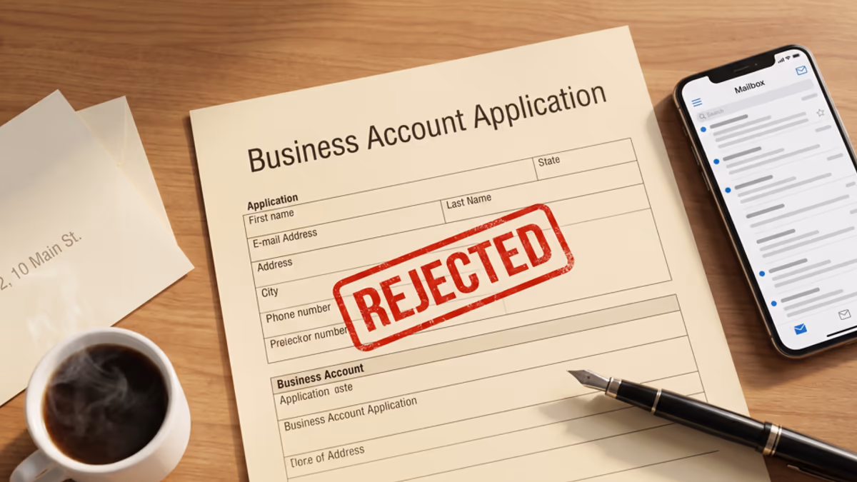 A red-stamped REJECTED notice on a business application form next to a smartphone showing a free virtual address service, with a coffee cup and a fountain pen on a desk